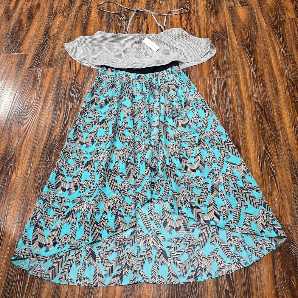 NWT Under‎ Skies Gray & Blue Feather Patterned Maxi Dress Hi Low Size L Women's